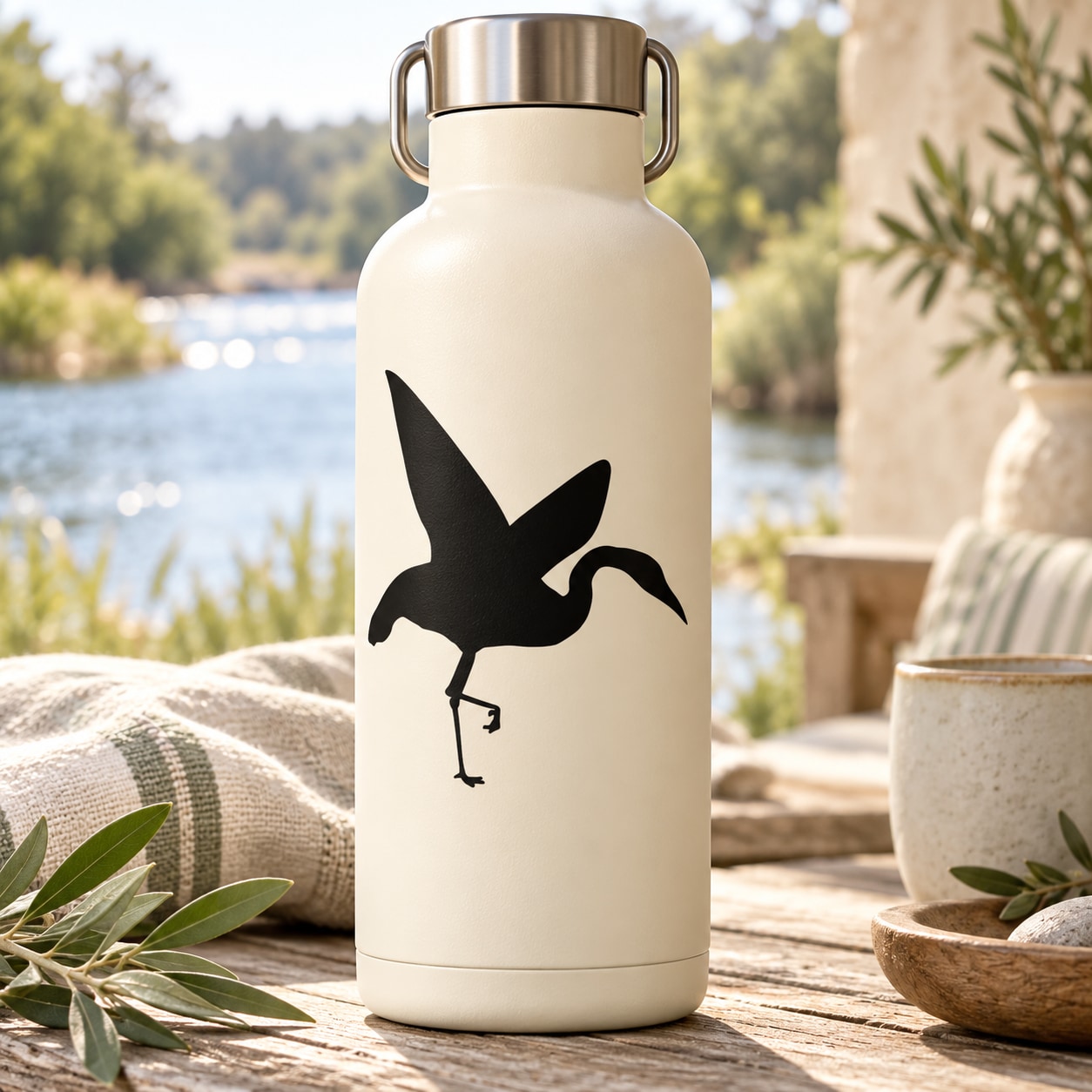 Black whooping crane silhouette decal with fluttering wings and small flag