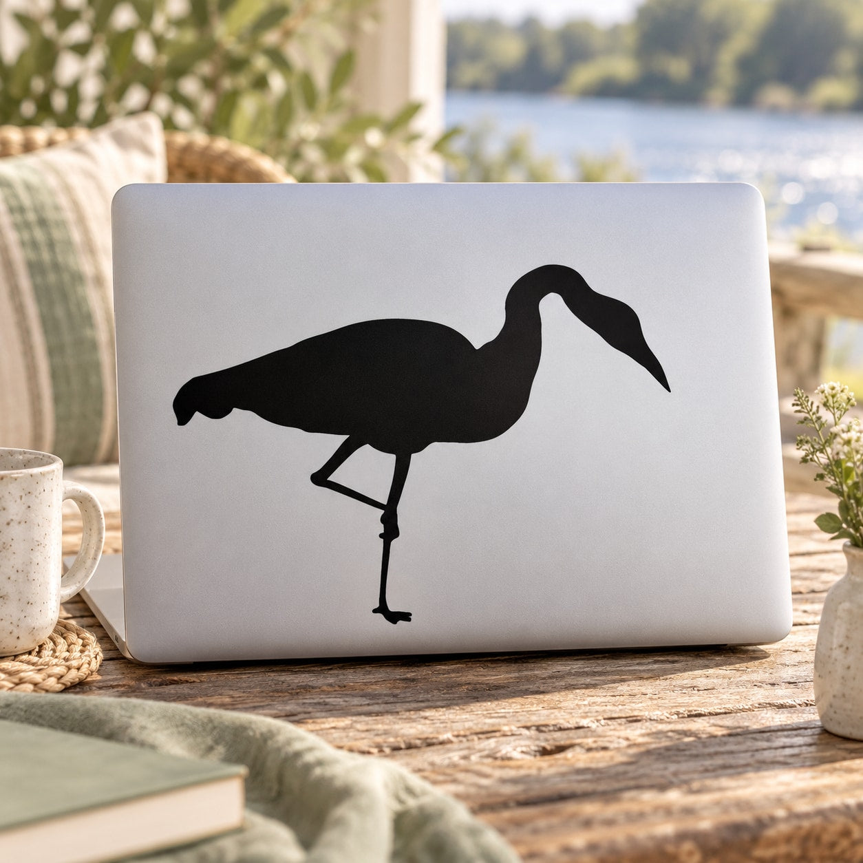 Whooping crane gazing decal with black bird silhouette on light background
