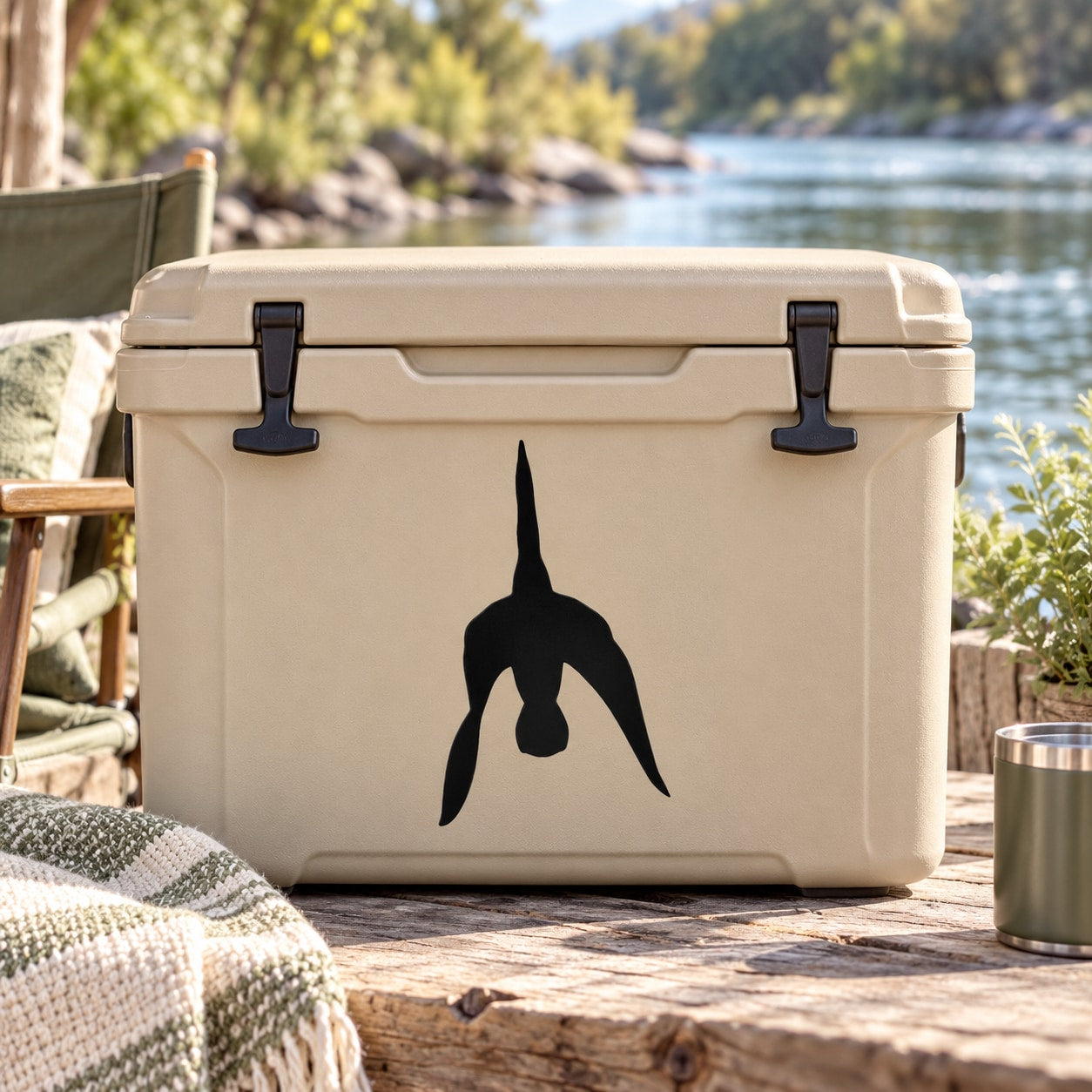 Black crane silhouette decal on light-colored cooler lid
