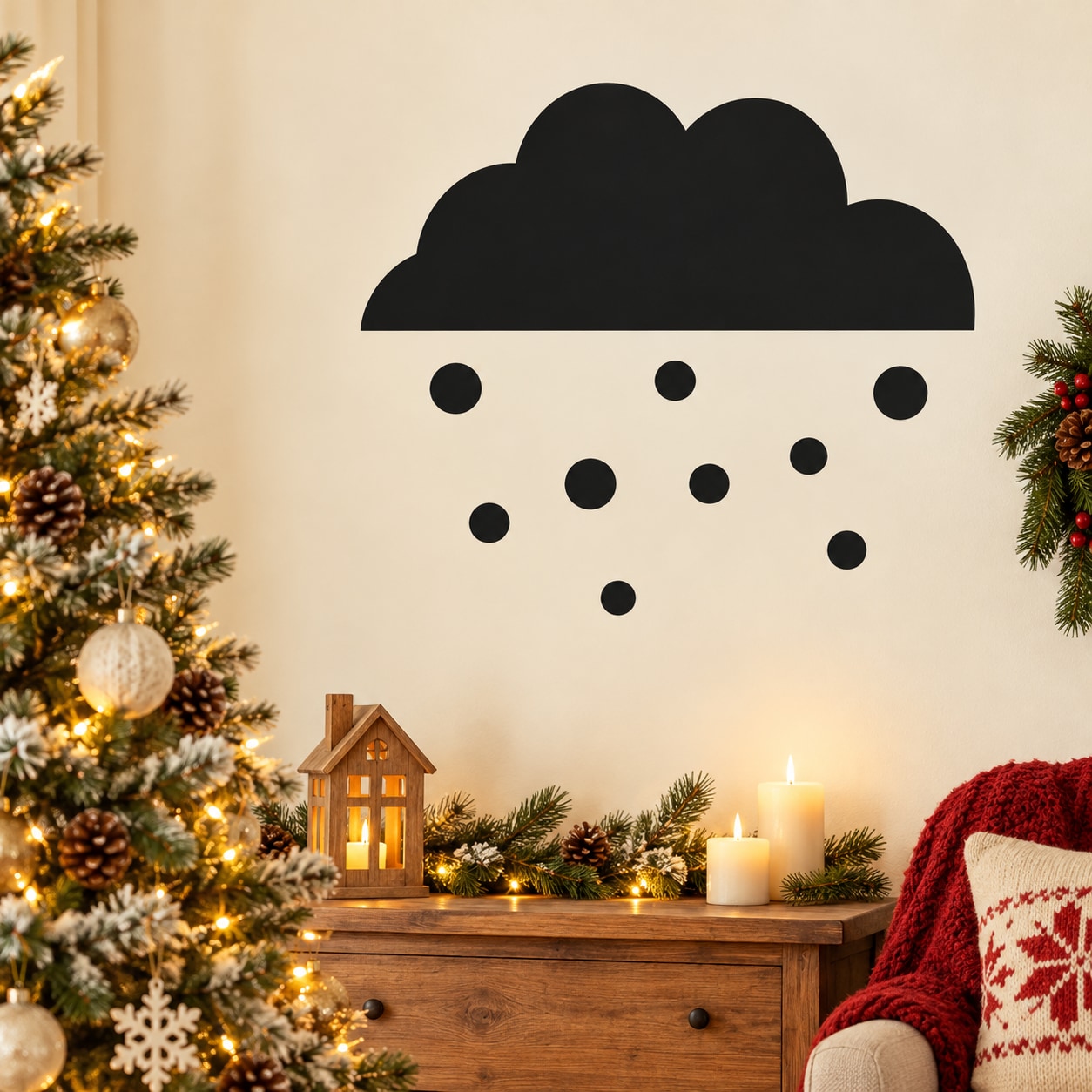 Black vinyl snow cloud decal with small circular snow dots