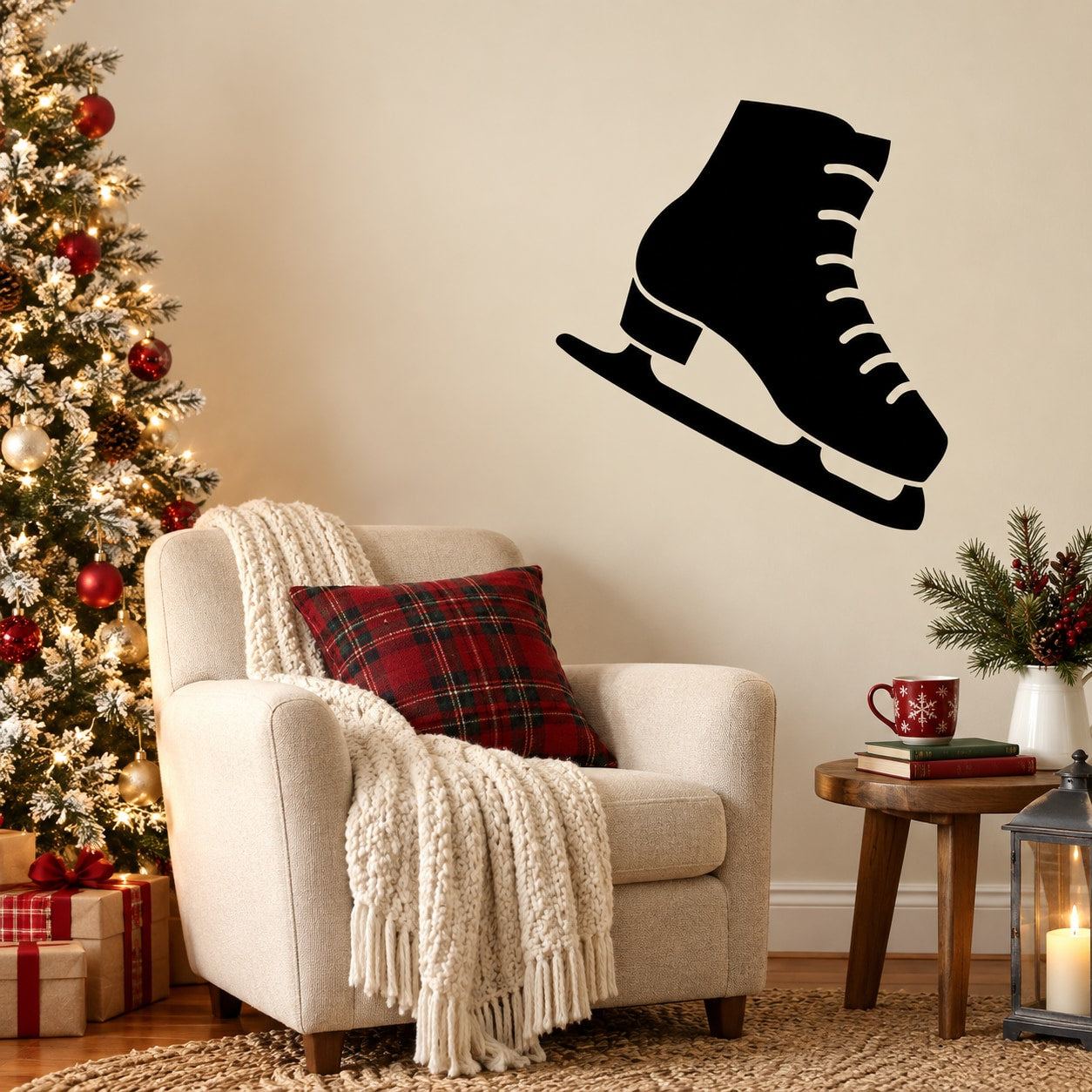 Black ice skates winter vinyl wall decal with white laces and silver blade
