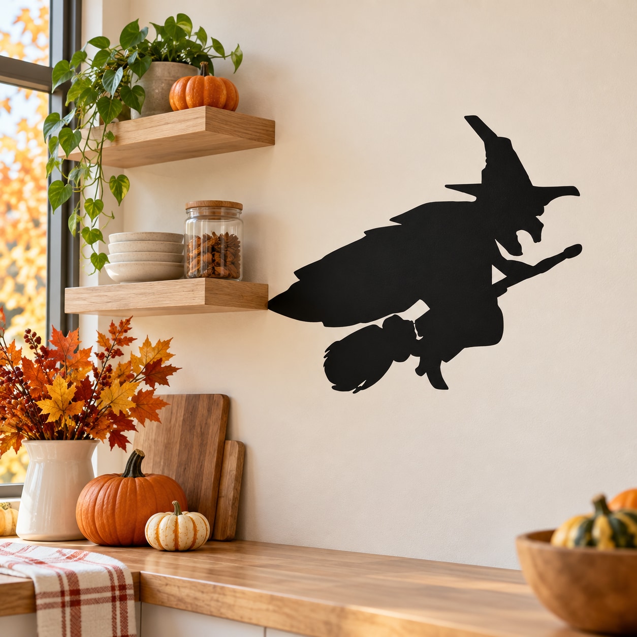 Black silhouette witch riding a broom wall decal