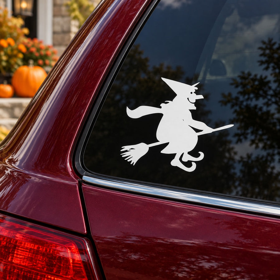 White witch on broom car window decal