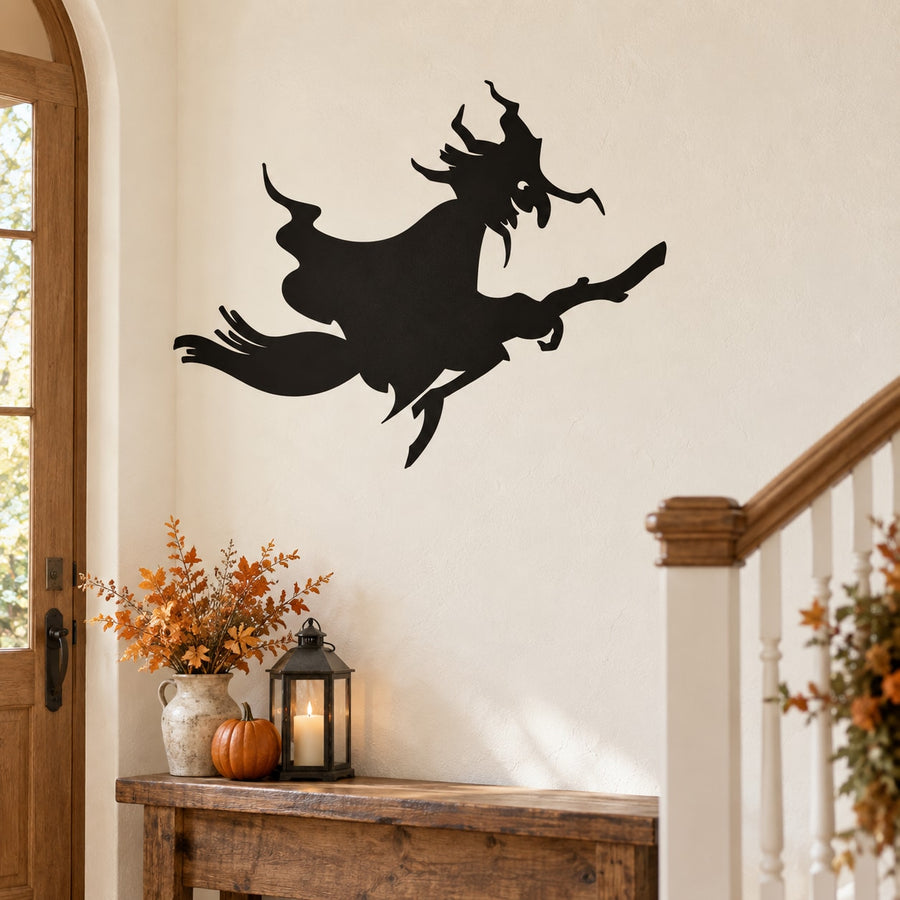 Flying witch silhouette wall decal in black