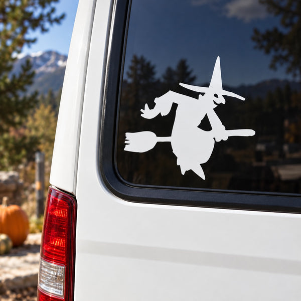 White witch riding broom car window decal sticker