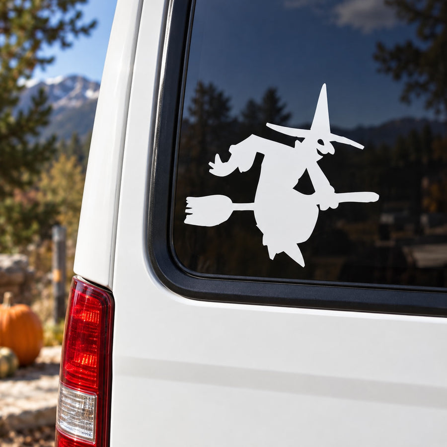 White witch riding broom car window decal sticker