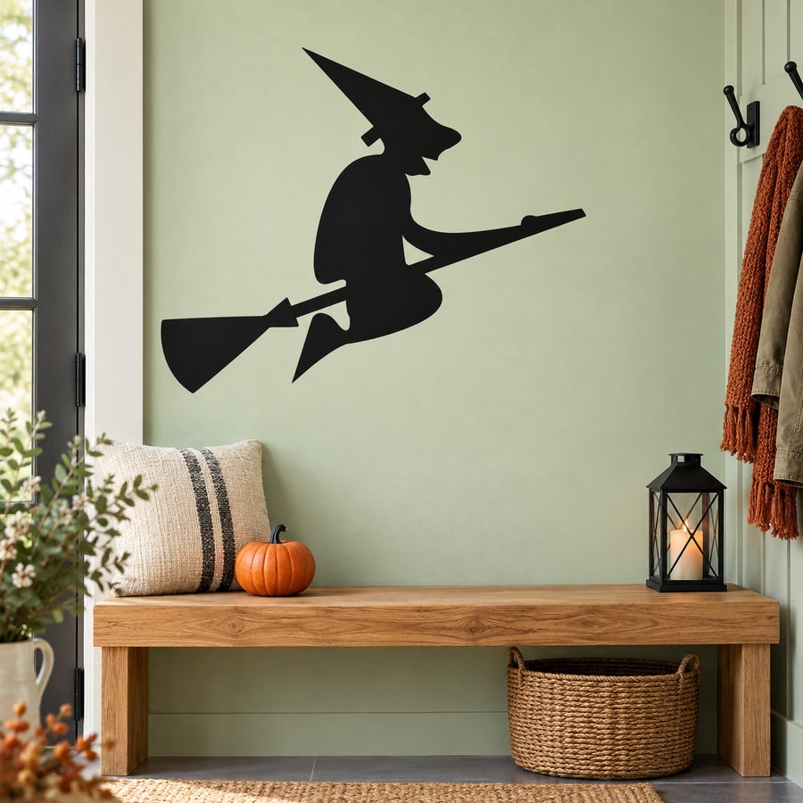 Witch riding a broom large nose wall decal, black silhouette