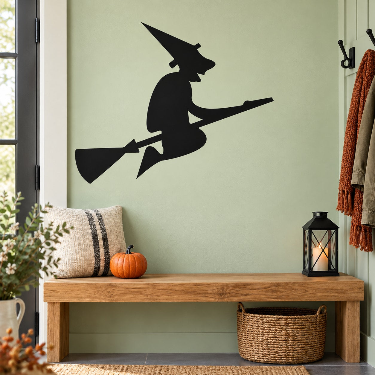 Witch riding a broom large nose wall decal, black silhouette