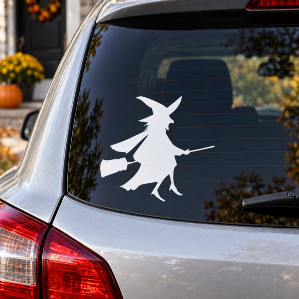 White witch flying on broomstick decal on car rear window