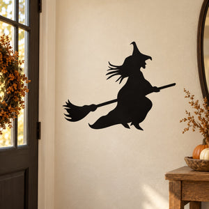Flying witch silhouette decal on wall, black witch on broom