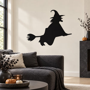 Black witch riding a broom wall decal silhouette