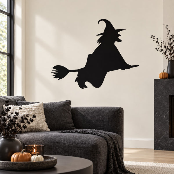 Black witch riding a broom wall decal silhouette