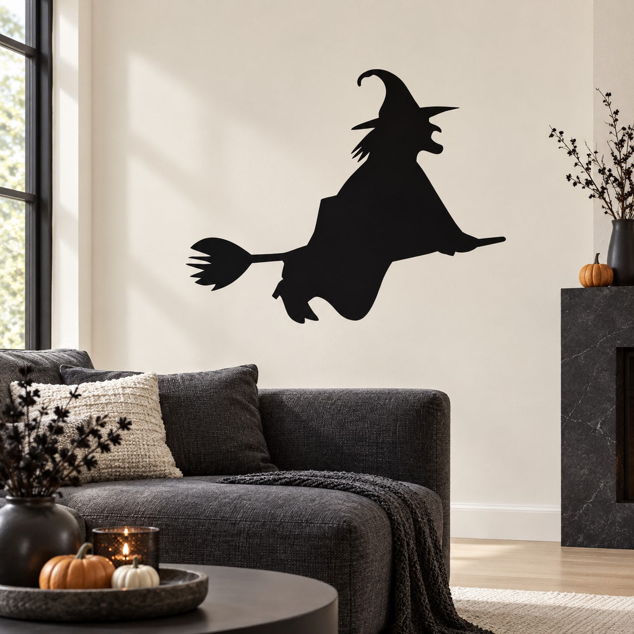 Black witch riding a broom wall decal silhouette