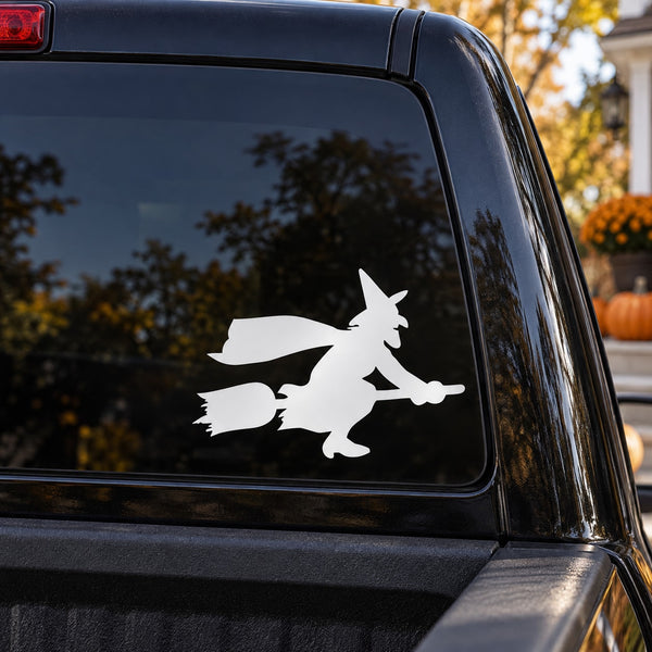 White witch riding broom car decal