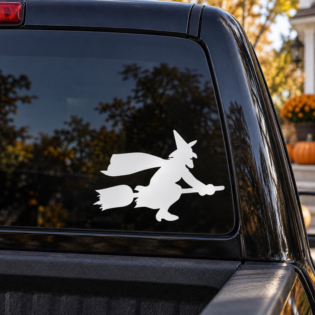 White witch riding broom car decal