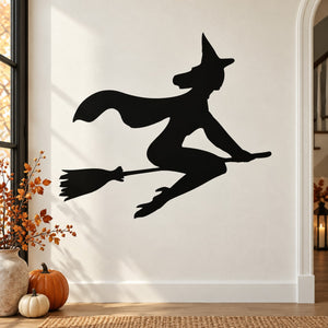 Black witch silhouette flying on broom wall decal, young witch in pointed hat