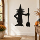 Black witch holding broom wall decal, bold silhouette graphic