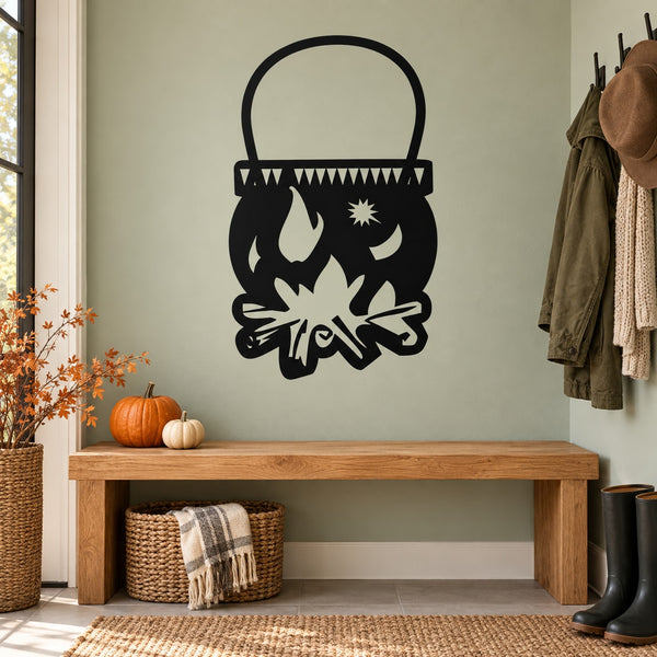 Black cauldron and flames wall decal with handle, Halloween style