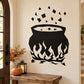 Black cauldron wall decal with scattered flame shapes above