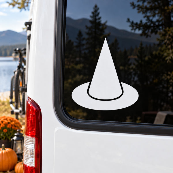 White witch hat decal with pointed top and circular brim on window