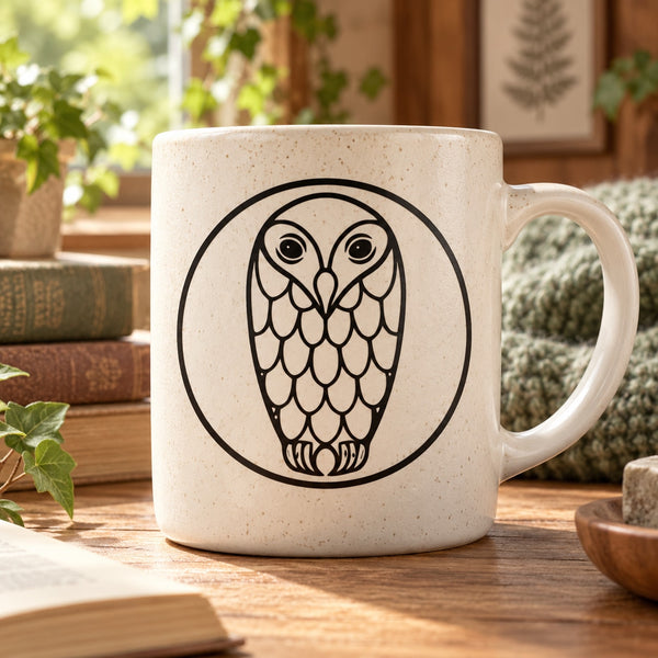 Ceramic mug with black owl in circle decal