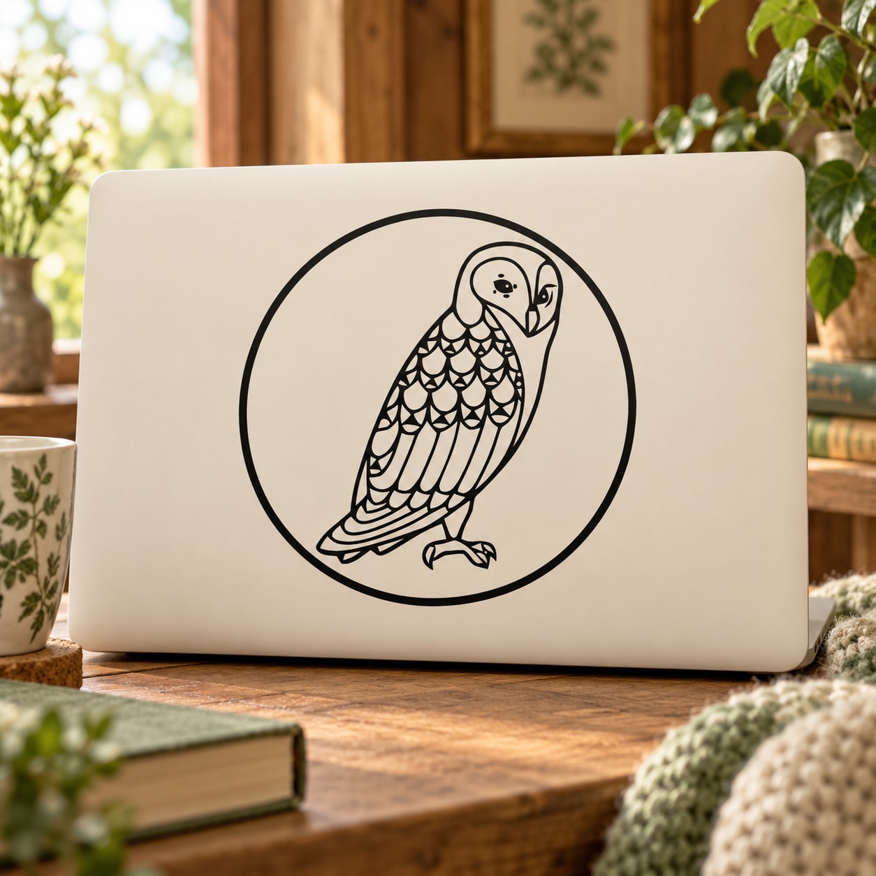 Geometric owl decal in a circle, black line art on light background.