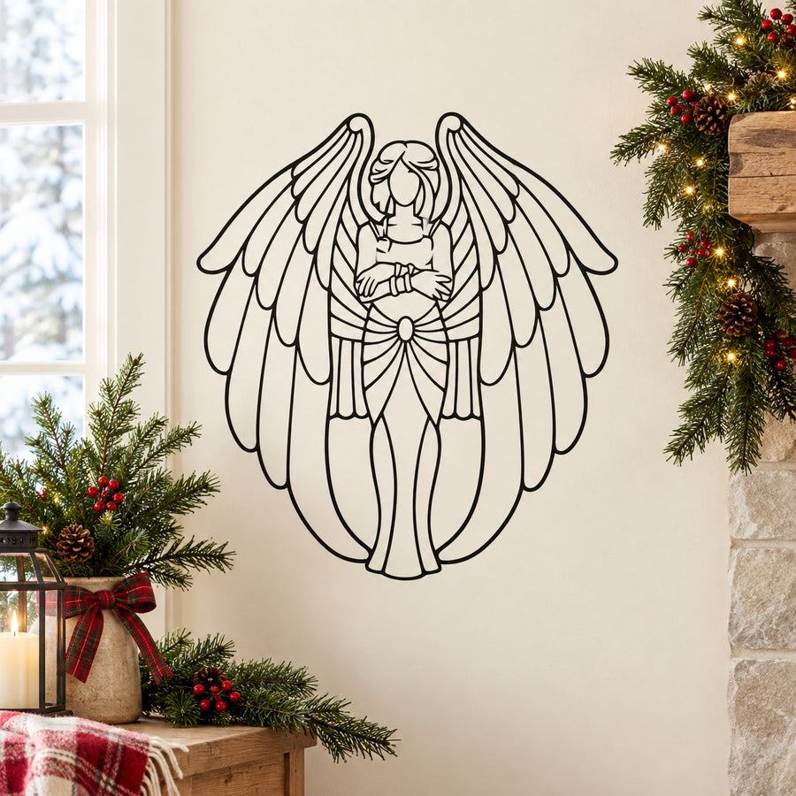 Guardian angel wing decal with praying figure, black outline on light background