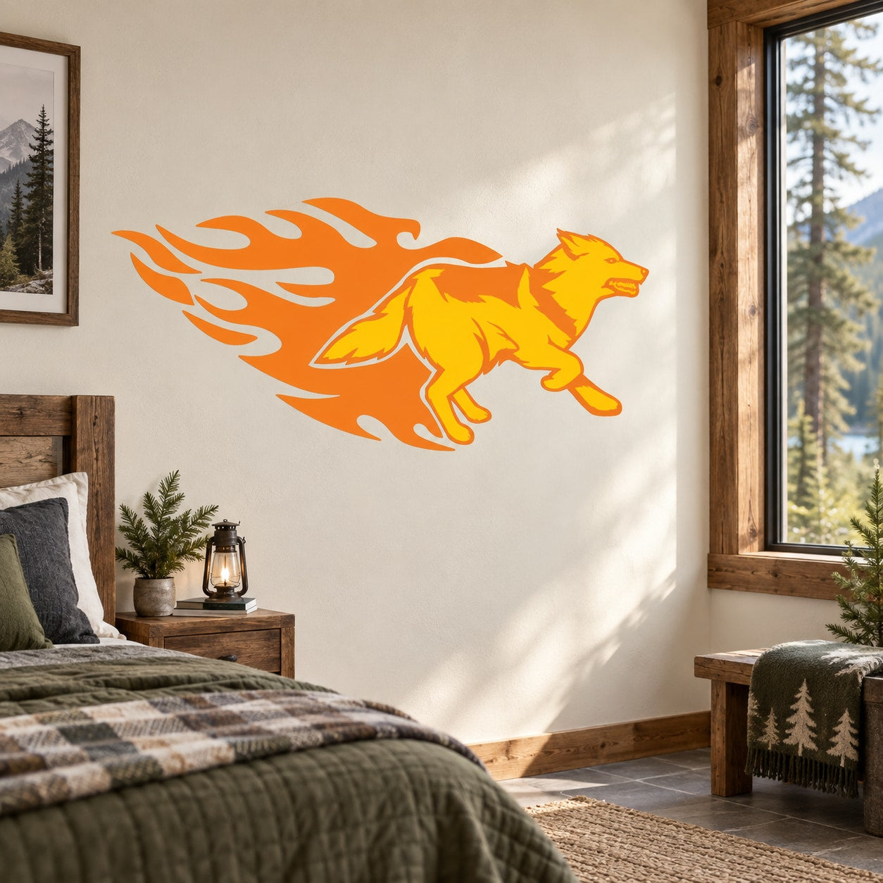Orange running wolf sticker with flame trail