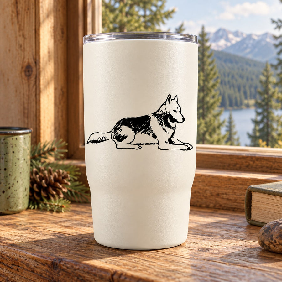 Resting timber wolf decal on white tumbler, black line art
