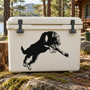 Black lunging wolf decal sticker on white cooler lid