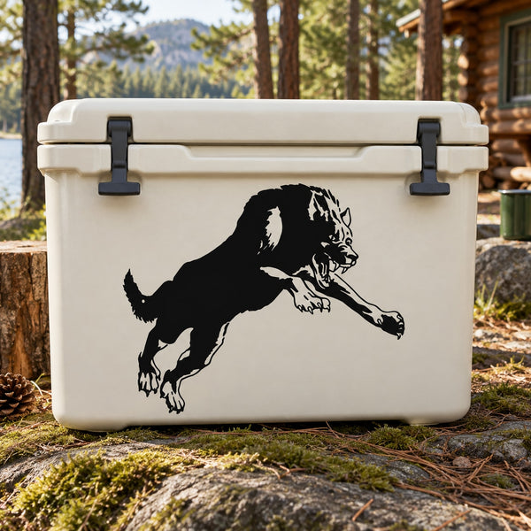 Black lunging wolf decal sticker on white cooler lid