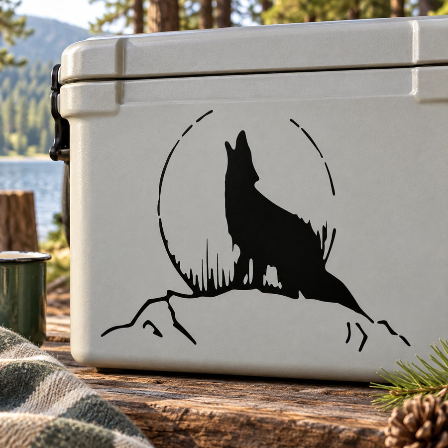 Howling wolf on hill decal with moon circle, black silhouette