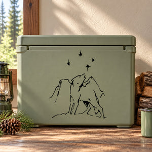 Green storage container decal with howling wolf and mountain line art