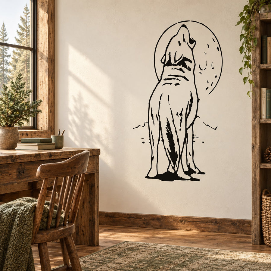 Wolf howling facing moon black line art wall decal