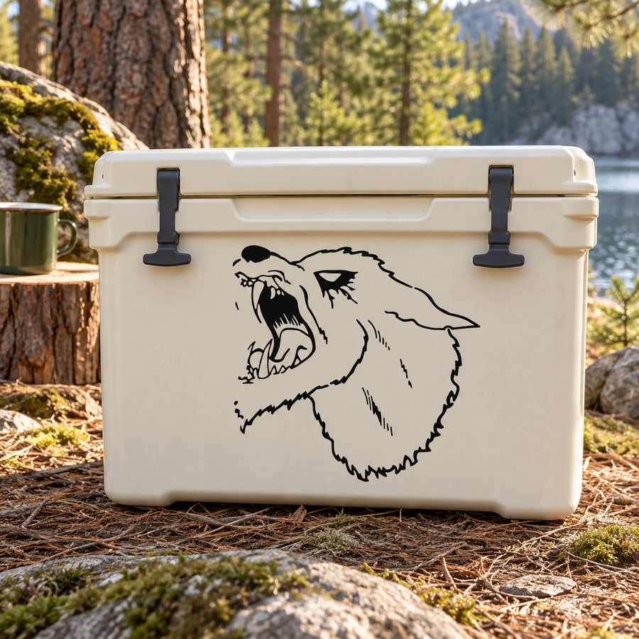 Agitated wolf head decal on white cooler lid, black illustration of snarling wolf.