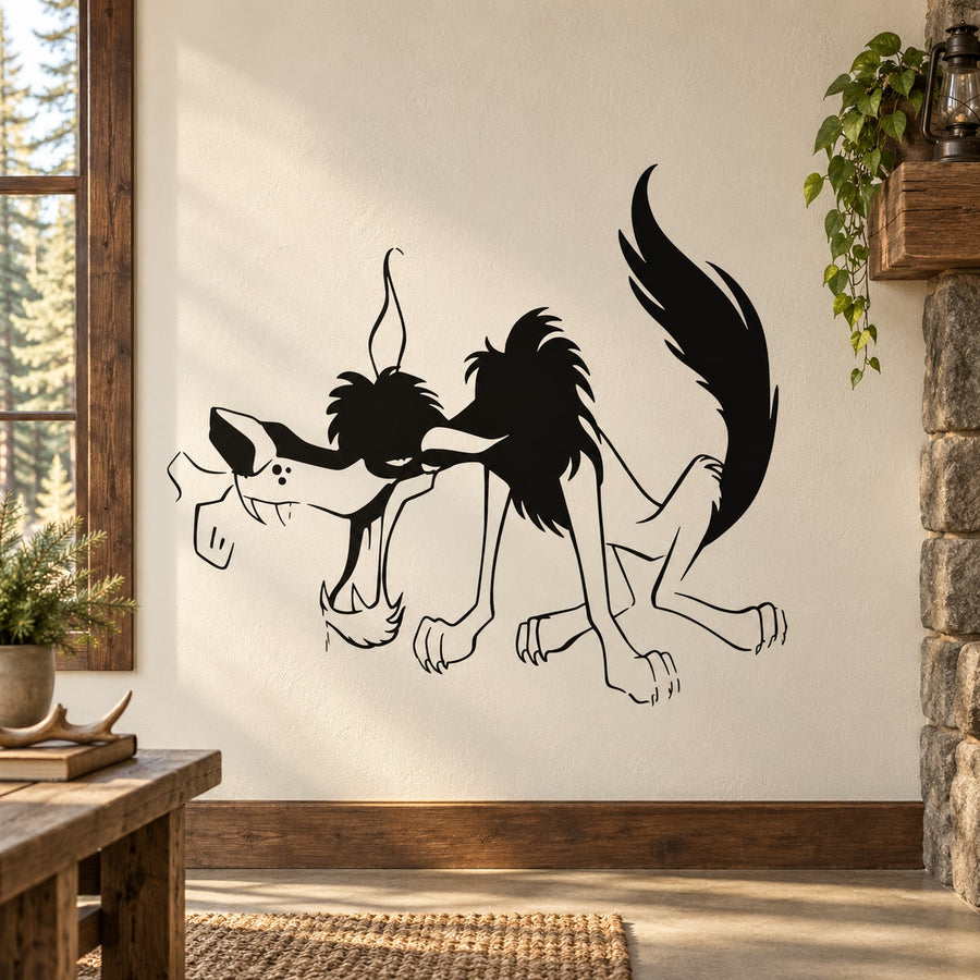 Cartoon sneaky wolf wall decal with black outline and crouched pose