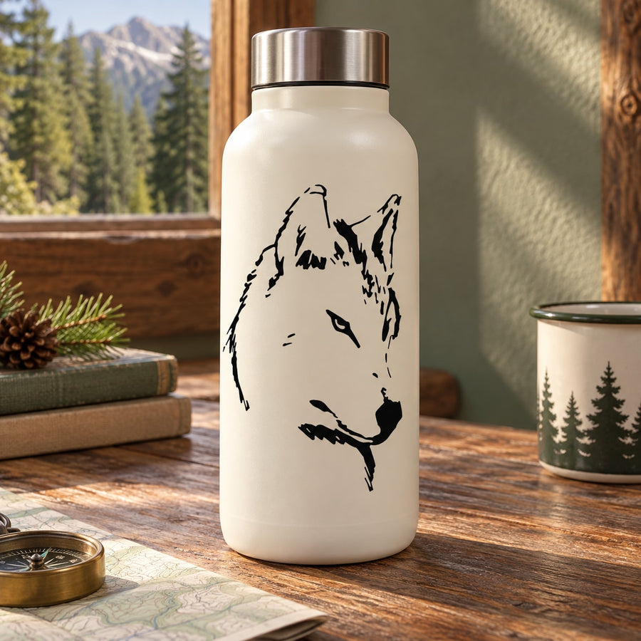 Arctic wolf head decal sticker with bold black outline on a white bottle