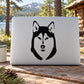 Siberian wolf head decal, black wolf head silhouette on light rectangular backing