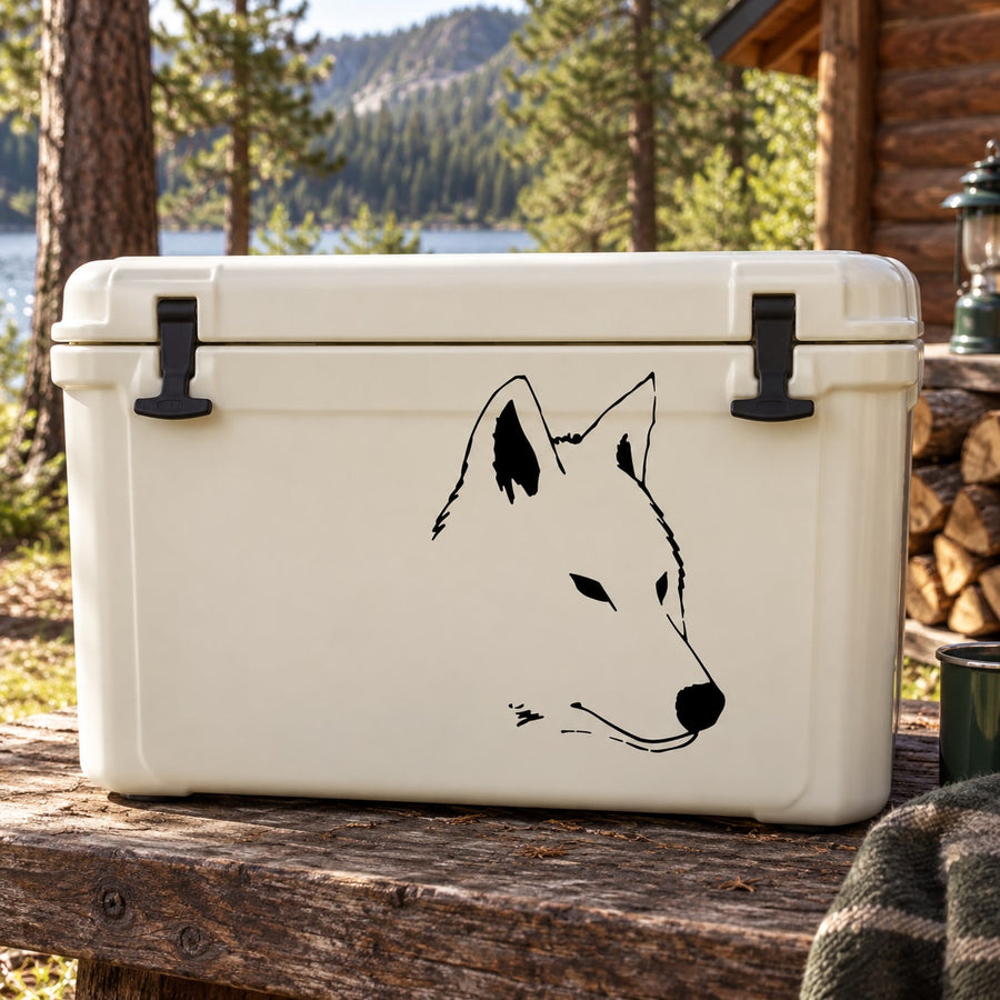 Arctic wolf head decal: black wolf silhouette on white cooler lid