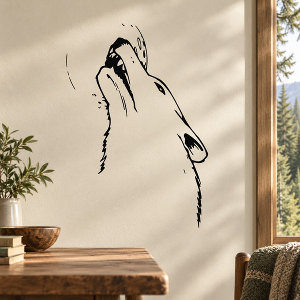 Wolf head howl line-art wall decal, black on light background