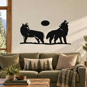 Wolf and moon wall decal, black silhouette design with two howling wolves