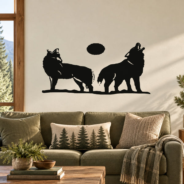 Wolf and moon wall decal, black silhouette design with two howling wolves
