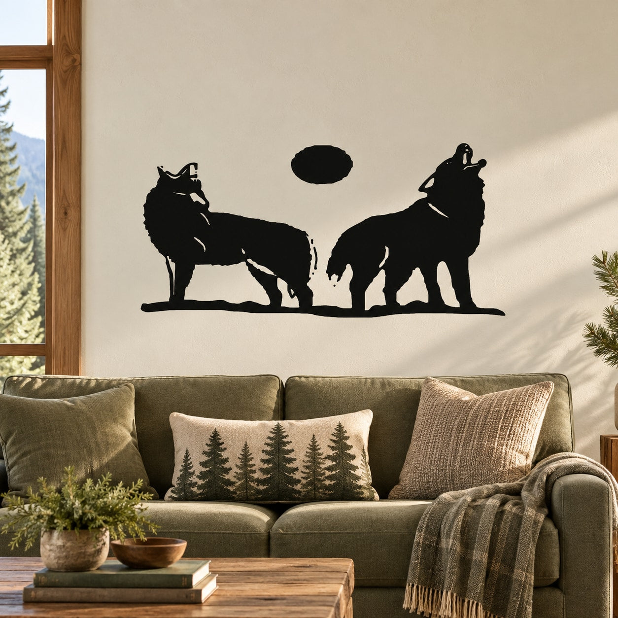 Wolf and moon wall decal, black silhouette design with two howling wolves