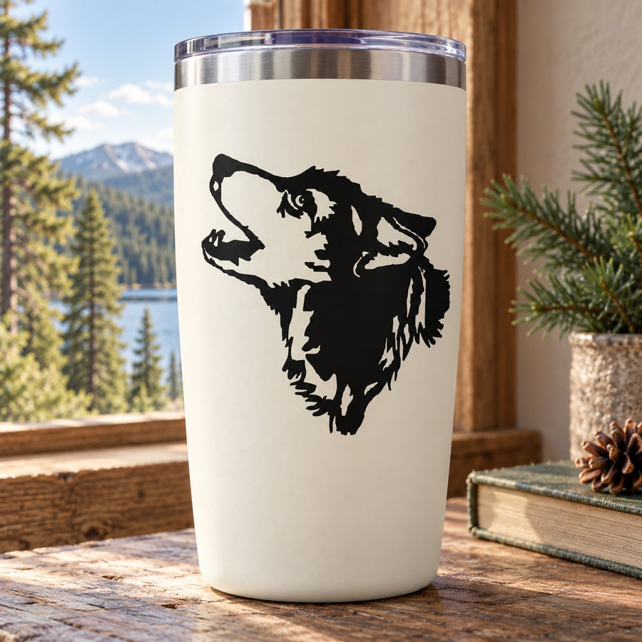 Howling dog face decal in black on white tumbler