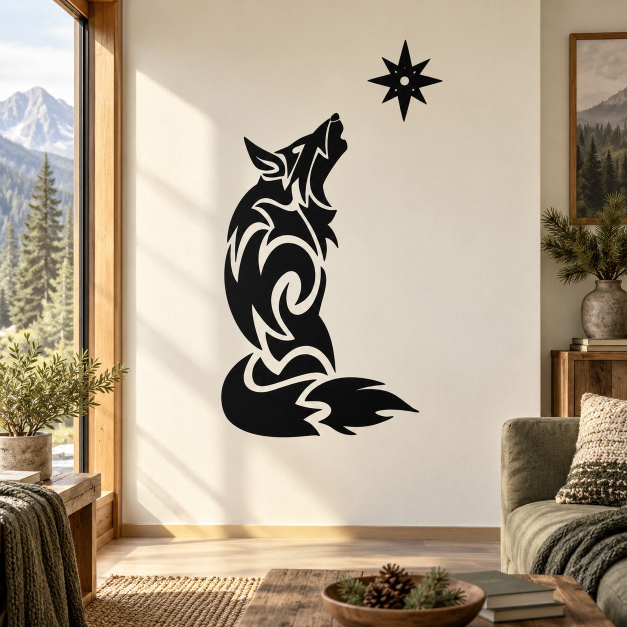 Stylized black wolf looking at star wall decal