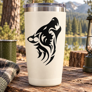 Wolf head barking decal on cream insulated travel tumbler with black graphic
