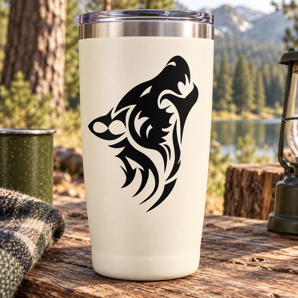 Wolf head barking decal on cream insulated travel tumbler with black graphic