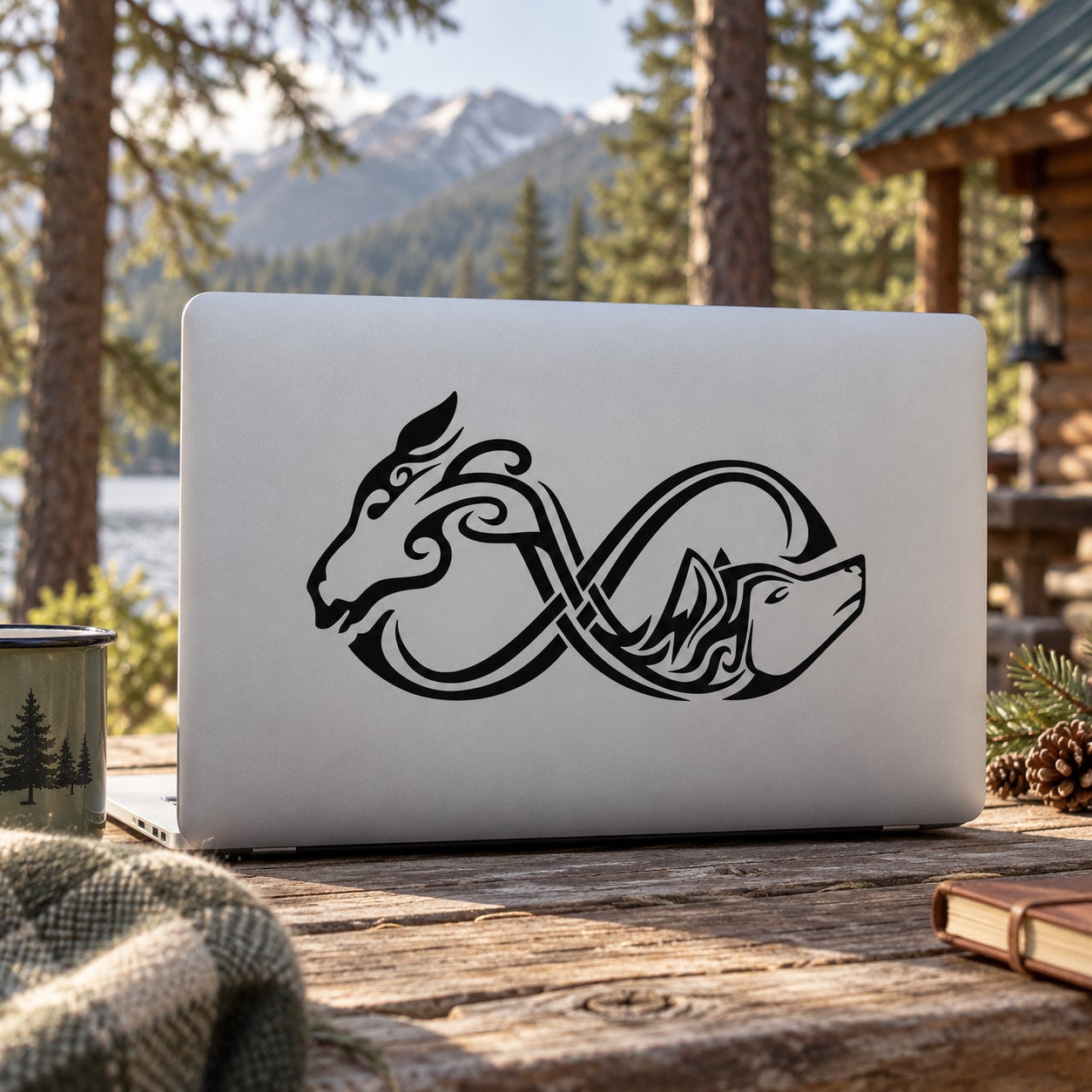 Infinity wolf and deer decal vinyl graphic, black swirl outline on white surface