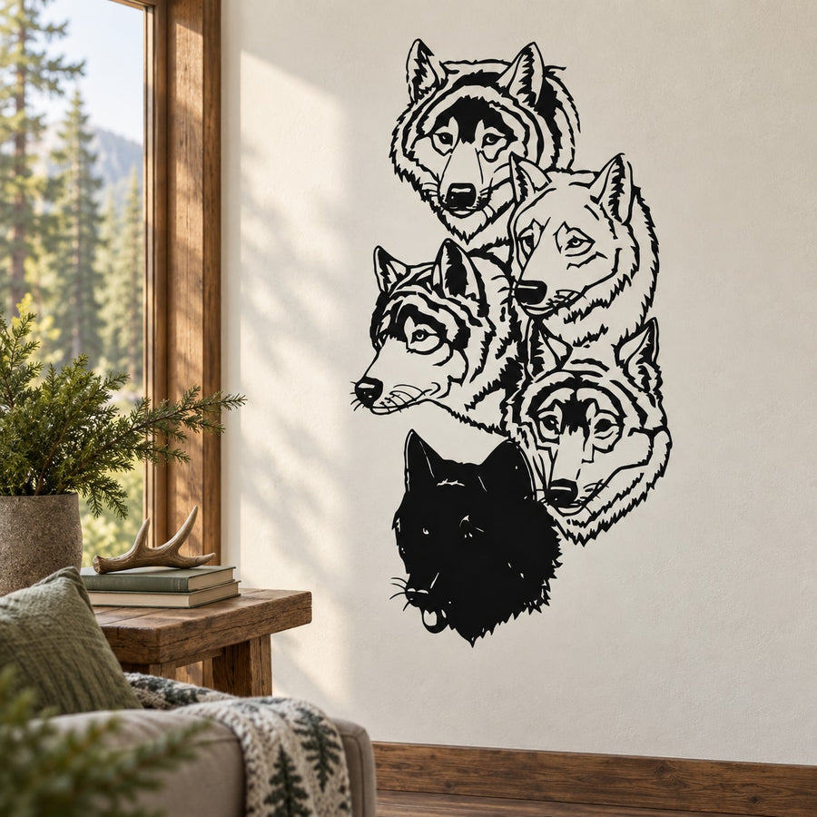 Five wolf heads wall decal, black and white silhouette set