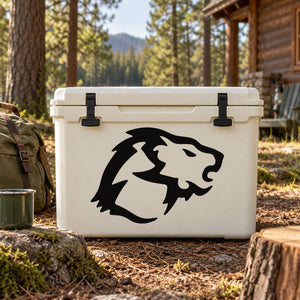 Abstract black wolf head decal sticker on a white cooler